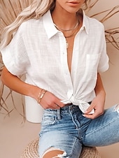 economico Camicie-Per donna Camicie di cotone e lino Blusa Semplice Moderno Casual Manica Corta Colletto a Camicia Top Regolari Ferie Uscire Bottoni Tasca Nero Bianco Rosa Estate