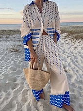 economico Abiti da donna con camicetta-Completi da donna moda streetwear quotidiani in 2 pezzi con camicia a maniche lunghe colletto grafico casual per giornate in spiaggia rosso blu navy blu estate vestibilità regolare