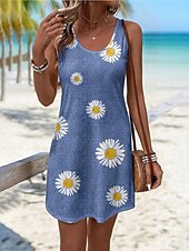 preiswerte Blumenkleider-Damen Minikleid Sommerkleid A Linie Kleid Urlaub Lässig Täglich Normale Passform Blumen Grafik Ärmellos U-Ausschnitt Blau Orange Sommer