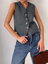 abordables Ensembles chemisiers pour femmes-Femmes Actif Mode Chemisier Gilet Ensembles de Pantalons Sans manches Col en V Couleur Unie Dubbele Rij Knopen Extérieur Fête Noir Marron Gris Été Coupe régulière