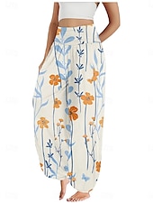 economico Pantaloni-Per donna Pantaloni ispirati al lino Gamba larga Pantaloni Stile Etnico Casual Boho Lunghezza intera Vita Alta Floreale Foglia Tropicale Tasca Elastico in vita Stampa Traspirabilità Morbido