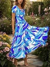 abordables Robes Rayés et Géométriques-Femmes Robe maxi Robe Décontractée Robe trapèze Robe d&#039;été Vacances ancien Ethnique Coupe régulière Graphique Feuille Géométrique Manche Courte Col carré Jaune Rouge Bleu Violet Été Printemps