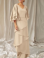 economico Lunghezza del pavimento-Abito Due Pezzi A-Line Madre della Sposa Ospite Matrimonio Elegante Inclusa Fascia V Collo Lunghezza del Pavimento Chiffon Manica Mezza Fascia Inclusa con Volant