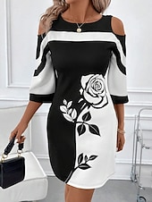 abordables Robes fleuries élégantes-Femmes Mini Robe Robe Décontractée Moulant Robe d&#039;été Mode Moderne Extérieur Quotidien Week-end Coupe régulière Fleuri Rayé Manche 3/4 Col ras du cou Noir Blanche Rouge Été