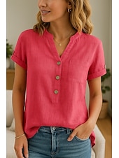 voordelige Overhemden-Dames Knoop omhoog Katoenen linnen overhemd Effen Stijlvol Modern Korte mouw V-hals Normale tops Dagelijks Feestdagen Knop Rood blauw Zomer