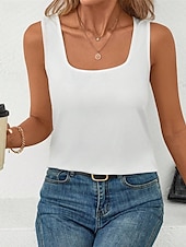 cheap White tee-Women&#039;s Tank Top Tee Top Plain Fashion Modern Sleeveless Square Neck Regular Tops Daily Beach Wear Black White Gray Summer