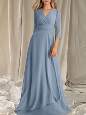 cheap Floor Length-A-Line Mother of the Bride Dress Wedding Guest Elegant V Neck Floor Length Chiffon 3/4 Length Sleeve with Tier Ruching 2025