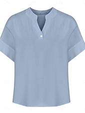 voordelige Overhemden-Dames Blouse Effen Basic Casual Korte mouw Gekerfde nek Normale tops Dagelijks Knop Zak Rood blauw Paars Beige Zomer Lente