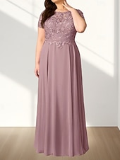 voordelige Vloerlengte-A-lijn Plus Size Curve Moeder van de Bruid Jurk Bruiloft Gast Elegant Crew Neck Vloerlengte Chiffon Kant Korte Mouw met Tailleband  Lint Beading Applicaties