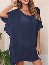 abordables Robes de plage-Maillots de Bain Femme Couverture Robe de Bain Maillot Volants Vacances Plage Tenue Couleur Unie Col Rond Manches Courtes Maillots de Bain