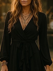 preiswerte Einfaches Kleid-Damen Boho Kleid Western Kleid Mini Kleid Wickelkleid A-Linien Kleid Lässig Outdoor Ausgehen Strand Standard Passform Einfarbig Langarm V-Ausschnitt Schwarz Sommer