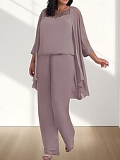 billige Gulvlengde-Jumpsuit  Buksedress 3 Delt Mor til bruden Kjole Bryllupsgjest Elegant Ledig Rund Utringning Gulvlengde Chiffon 3/4 Lengde Ermer med Perleapplikasjoner
