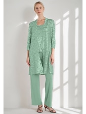 baratos Terninhos de calça da mamãe-Macacão Vestido Para Mãe dos Noivos Convidado do casamento Igreja Elegante Vintage Gola Redonda Longo Chiffon Renda Manga Longa com Lantejoulas Bordado 2025