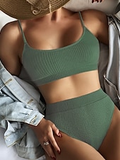abordables Ensemble de bikinis-Femmes Maillots de Bain Bikini 2 pièces Maillot de bain Dos nu Tropical Tenues de plage Uni Col en U Sans manches Maillots de bain
