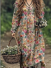 tanie Sukienki boho-Damskie Długa sukienka sukienka maxi Codzienne sukienki Letnie sukienki Sukienka Boho Plemienny Urlop Codzienny Regularny Kwiaty Długi rękaw W serek Czarny Rumiany róż Burgundowy Niebieski Lato