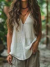 cheap Shirts-Women&#039;s Linen-Inspired Shirts Camisole Tank Top Plain Retro Vintage Ethnic Sleeveless Strap Regular Tops Daily Patchwork White Summer