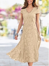 voordelige Thee Lengte-Strandbruiloft Sheath Moeder van de Bruid Jurk Bruiloft Gast Elegant Party Petite V-hals Thee Lengte Kant Korte Mouw met Plissee Effen Kleur gratis maatwerk