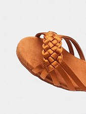 baratos Sapatos de Dança Latina-Sapatos de dança latina femininos bege com detalhe de tira trançada, design de salto baixo para apresentações de dança latina infantil