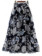 abordables Jupes en mousseline-Femmes Jupe Évasé Occasionnel Maxi Taille Basse Jupes Fleuri Imprimé Micro-Élastique Vacances Sortir Noir Blanche Rose Bleu Été Polyester