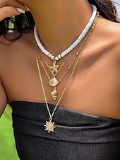 cheap Women&#039;s Necklace-Women&#039;s Boho Layered Shell and Bead Necklace Set – Beach-Style Turquoise Pendant and Gold Charms for Summer Vacations and Festivals