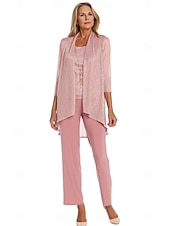 economico Tailleur pantalone della mamma-Completo pantalone 3 pezzi per la madre della sposa, elegante, con scollo rotondo, lunghezza pavimento, in chiffon, maniche lunghe, con volant a cascata in pizzo, arricciato, 2025