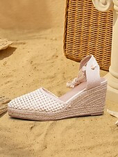 baratos Sandálias de Férias-sandálias femininas de cunha espadrille trançadas – sapatos de verão fechados com cadarço para praia, férias e roupas boho