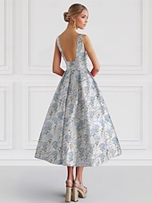 economico Abiti da cocktail-Abiti da Cocktail A-Line in Jacquard Floreale Elegante Abito Matrimonio Formale Lunghezza Alla Caviglia Senza Maniche Collo a Giro Nylon con Stampa Floreale Abito per Invitati Matrimonio