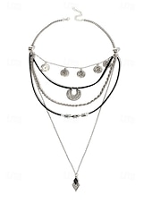 abordables Collier pour femme-Collier bohème en argent superposé avec chaînes noires et argentées, pendentifs circulaires et géométriques, parfait pour les tenues décontractées et de soirée, idéal pour les accessoires d&#039;été et de festival
