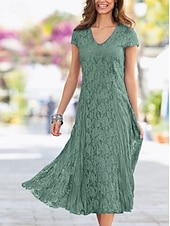 voordelige Thee Lengte-Strandbruiloft Sheath Moeder van de Bruid Jurk Bruiloft Gast Elegant Party Petite V-hals Thee Lengte Kant Korte Mouw met Plissee Effen Kleur gratis maatwerk