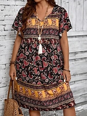 cheap Boho Dress-Women&#039;s Mini Dress Casual Dress Floral Dress Summer Dress Boho Dress Fashion Modern Daily Beach Weekend Regular Fit Floral Short Sleeve V Neck Black White Royal Blue Blue Summer