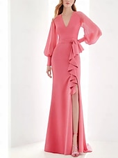 economico Rosa-abito da sera rosa a trapezio elegante abito formale lungo fino al pavimento manica lunga scollo a V in chiffon con volant spacco farfalla 2025
