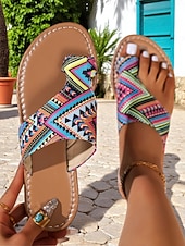 cheap Vacation Sandals-Women&#039;s Bohemian Tribal Print Toe Ring Sandals – Lightweight Slip-On Flats for Summer Travel, Beach Holidays, and Casual Outings