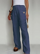 economico Pantaloni in lino e cotone semplici-Pantaloni ampi in cotone e lino A tinta unita Chinos Pantaloni baggy Basic Casual Lunghezza intera Vita alta Semplice Pockets Fascia elastica Comfort All&#039;aperto Micro-elastico Vacanze Strada