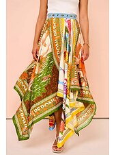 preiswerte Grafische Röcke-Damen Rock Lässig Boho Maxi Mittlere Hüfthöhe Röcke Blumen Druck Asymmetrischer Saum Mikroelastisch Straße Ausgehen Grün Sommer Polyester