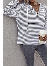 voordelige Dames Strepen &amp; Geometrische Tops-Dames Blouse Gestreept Casual Lange mouw Capuchon Normale tops Dagelijks Uitgaan Zak Wit Bruin Zomer