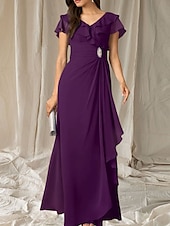 abordables Robes pour invitées de mariage-Robes de fête pour invité de mariage A-Line robe élégante longueur de sol à manches courtes décolletée en V en chiffon avec plis et volants