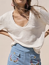 cheap Shirts-Women&#039;s Linen Shirt Blouse Plain Casual Short Sleeve V Neck Regular Tops Holiday Going out White Brown Summer