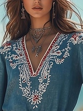 ieftine Topuri boho pentru femei-Pentru femei Bluză Floral Grafic Imprimeu Paisley Boemia Epocă Tropical Lungime Manșon 3/4 În V Topuri obișnuite Albastru piscină Vară Primăvară