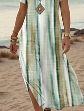 abordables Robes Tie and Dye et dégradé-Femmes Robe Midi Robe d&#039;Été Robe trapèze Robe d&#039;été Vacances Occasionnel Quotidien Coupe régulière Graphique Rayé Abstrait Manche Courte Col en V Vert Été Printemps