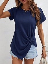 abordables T-shirt uni-T-shirt femme de couleur unie Uni Mode Classique Décontracté Manches courtes Col rond Hauts réguliers Quotidien Week-end Asymétrique Noir Blanc Vert armée Bleu marine Été