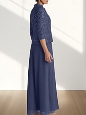 economico Lunghezza del pavimento-Due Pezzi Linea ad A Abito da cerimonia per signora Ospite di nozze Elegante Collo quadrato Lunghezza al pavimento Chiffon Pizzo Manica 3/4 con Pizzo 2025