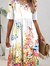 cheap Floral Dress-Women&#039;s Midi Dress Sundress Summer Dress Vacation Casual Beach Daily Holiday Regular Fit Floral Graphic Half Sleeve Crew Neck White Summer