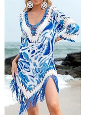 abordables Robes de plage-Femmes Maillots de Bain Vêtement couvrant Maillot de bain Ourlet à franges Tropical Tenues de plage Fleur Fil en V manche longue Maillots de bain