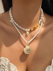 cheap Women&#039;s Necklace-Women&#039;s Boho Layered Shell and Bead Necklace Set – Beach-Style Turquoise Pendant and Gold Charms for Summer Vacations and Festivals