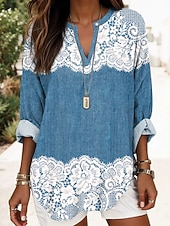 economico Top Floreali-Blusa da donna tunica V collo manica lunga boho casual top stampa 3D grafica floreale vintage stilosa top regolari quotidiani da vacanza stampa blu denim blu viola