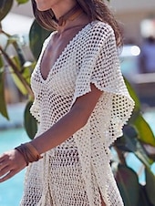 abordables Robes de plage-Maillots de Bain Femme Couverture Robe de Bain Maillot Franges Vacances Plage Tenue Couleur Unie Col en V Manches Courtes Maillots de Bain