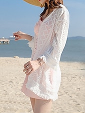 abordables Caftans-Maillots de bain pour femmes Robe de bain Cover Up Maillot de bain en dentelle Mode de vacances Plage Unisexe Manches longues Maillots de bain