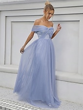 baratos Vestidos para Madrinhas-Linha A Vestido de Madrinha Ombro a Ombro Sem Manga Elegante Longo Tule com Cor Única 2022
