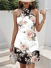 preiswerte Blumenkleider-Damen Minikleid Sommerkleid A Linie Kleid Halterkleid Urlaub Lässig Ausgehen Normale Passform Blumen Grafik Ärmellos V Ausschnitt Schwarz Weiß Blau Grün Sommer