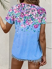abordables T-shirt floral-Femmes T-shirt Fleuri Graphique Élégant ancien Manche Courte Col ras du cou Hauts Réguliers Quotidien Sortir Patchwork Boutons À Étages Bleu Violet Vert Été Printemps